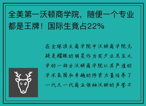 全美第一沃顿商学院，随便一个专业都是王牌！国际生竟占22%